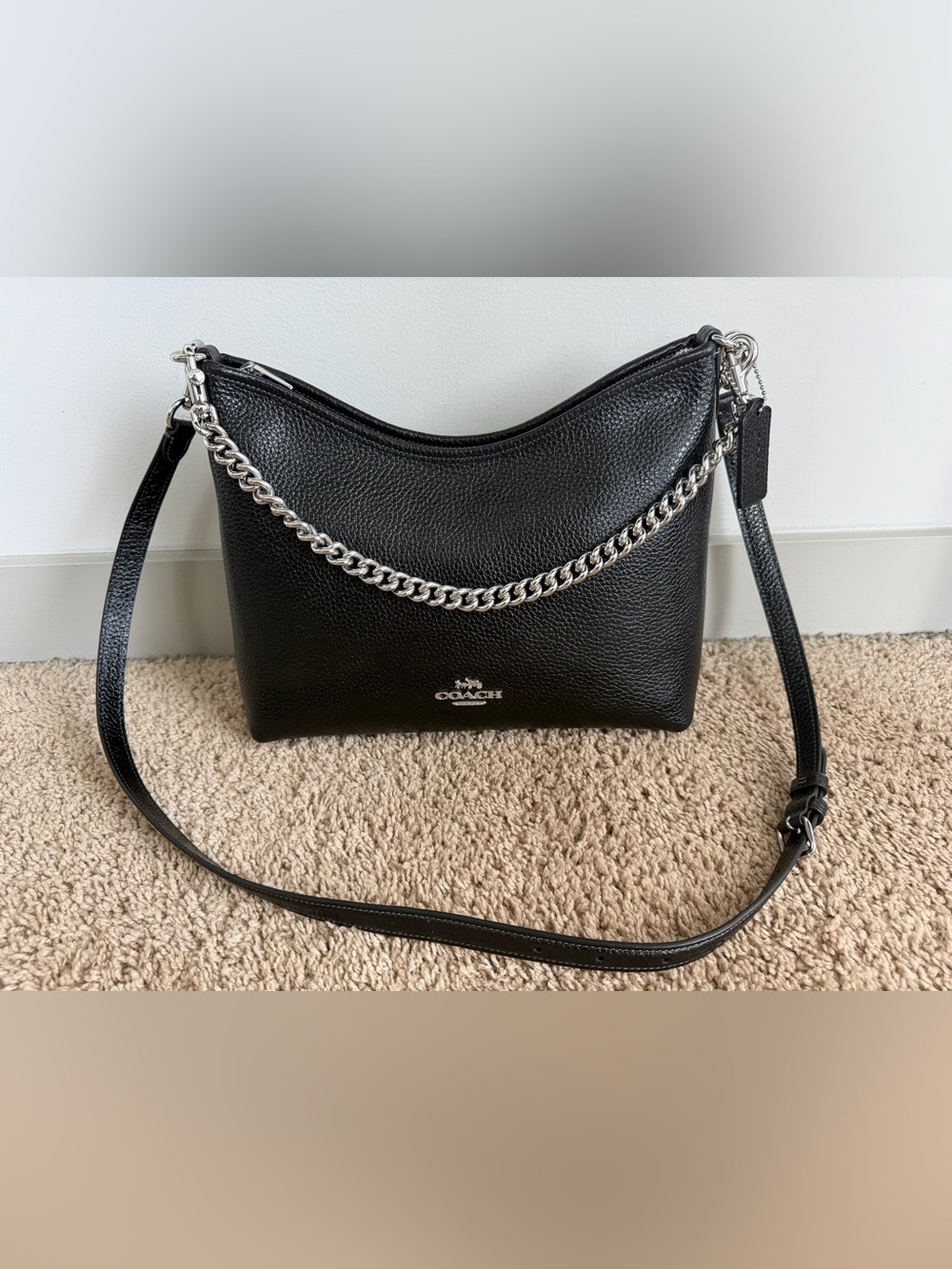 COACH Laurel Shoulder Bag Black Pebbled Leather with Silver Chain Accent - Picture 3 of 10
